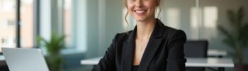 Junge, selbstbewusste Gründerin in einem modernen Büro, arbeitet konzentriert am Laptop, symbolisiert Professionalität und Erfolg