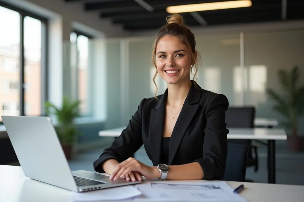 Junge, selbstbewusste Gründerin in einem modernen Büro, arbeitet konzentriert am Laptop, symbolisiert Professionalität und Erfolg