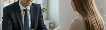 Eine junge Frau mit langen Haaren sitzt in einem modernen Büro einem professionellen Inkassomitarbeiter im Anzug gegenüber. Der Berater hält ein Dokument in der Hand und erklärt freundlich eine Ratenzahlungsoption. Beide wirken entspannt und konzentriert. Die Atmosphäre ist professionell und lösungsorientiert.