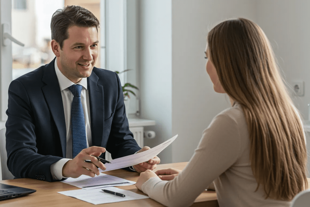 Eine junge Frau mit langen Haaren sitzt in einem modernen Büro einem professionellen Inkassomitarbeiter im Anzug gegenüber. Der Berater hält ein Dokument in der Hand und erklärt freundlich eine Ratenzahlungsoption. Beide wirken entspannt und konzentriert. Die Atmosphäre ist professionell und lösungsorientiert.