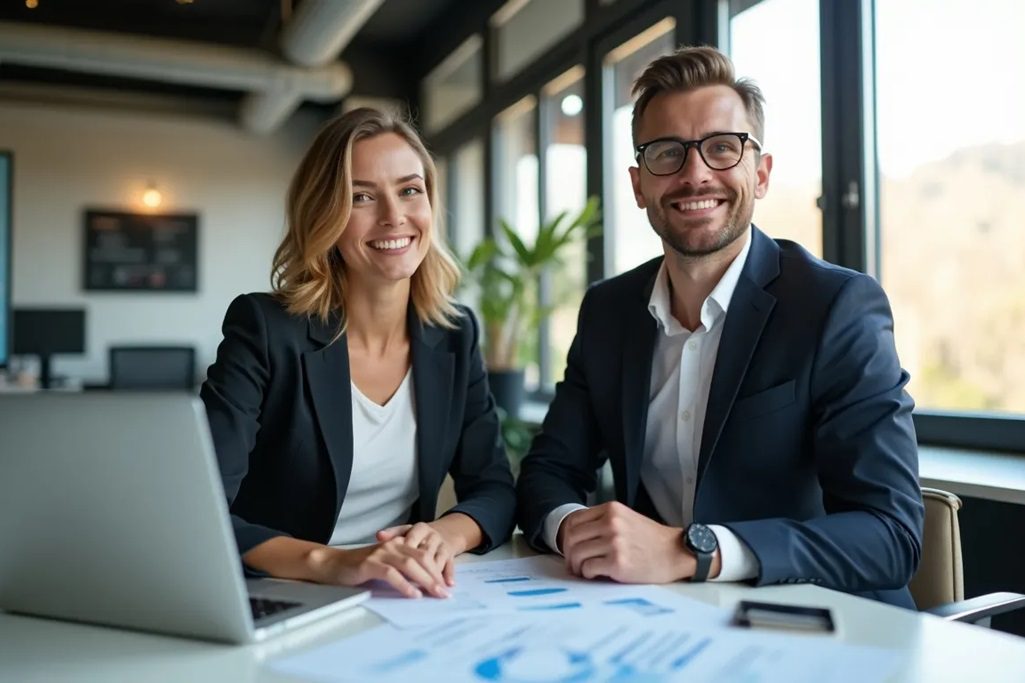 Zwei lächelnde Geschäftspersonen in einem modernen Büro mit Finanzunterlagen und einem Laptop, symbolisierend Vertrauen und erfolgreiche Geschäftsentscheidungen
