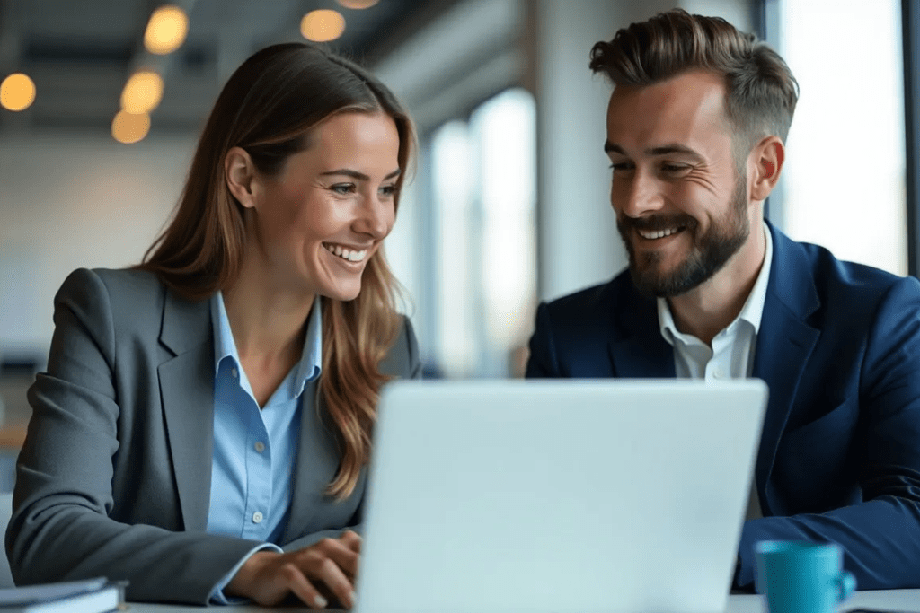 Zwei junge Geschäftspersonen in einem modernen Büro diskutieren über Finanzmodelle, während sie auf ein Laptop mit Diagrammen und Analysen blicken
