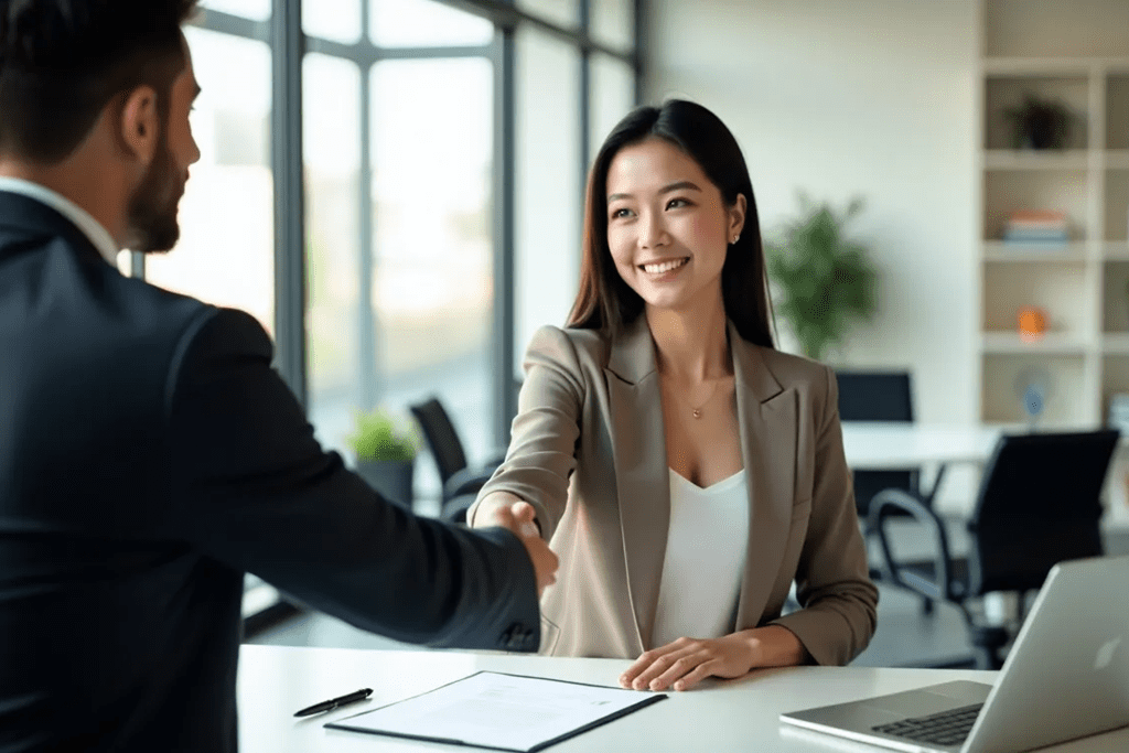 Eine asiatische Geschäftsfrau und ein Geschäftsmann schütteln sich in einem modernen Büro die Hand, symbolisieren Vertrauen und professionelle Partnerschaft.