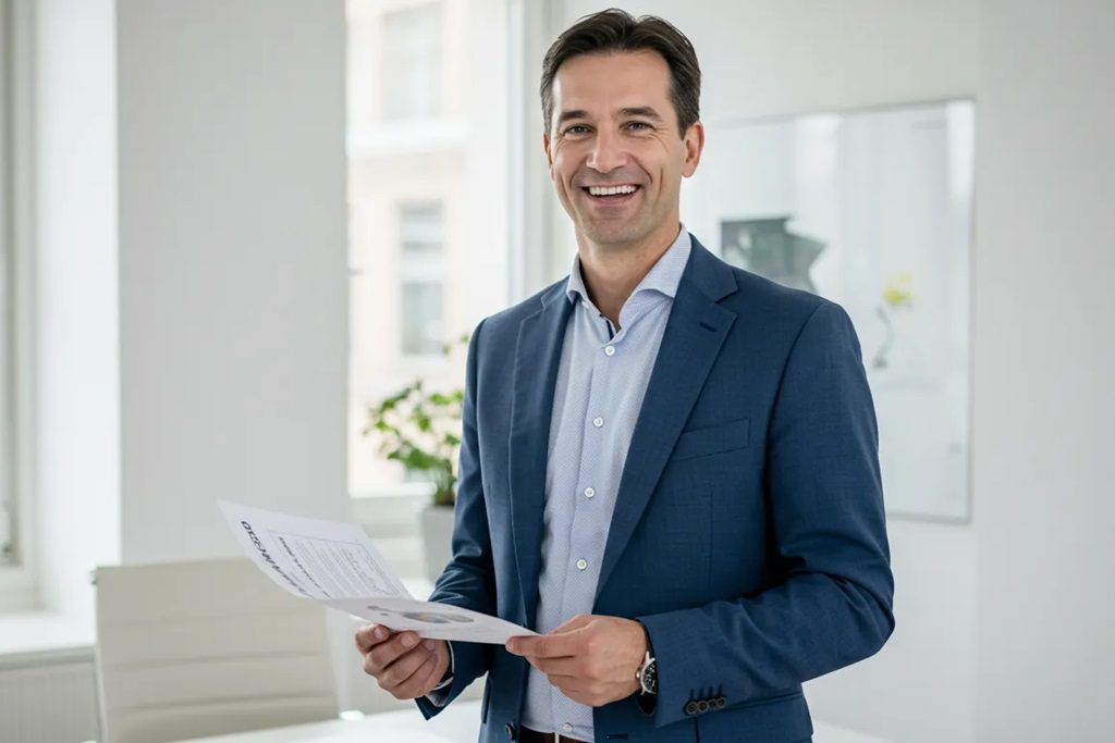 Ein selbstbewusster Unternehmer in einem modernen Büro, der Geschäftsdokumente in der Hand hält. Das Bild vermittelt Professionalität und Erfolg