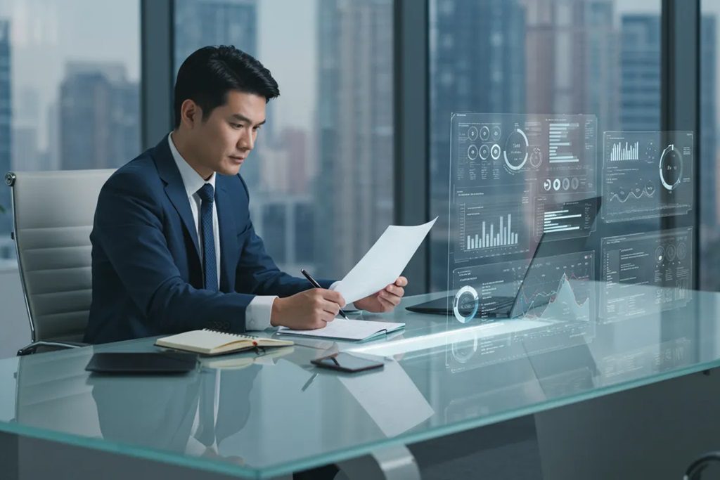 Geschäftsmann in einem futuristischen Büro analysiert Unternehmensdaten auf einem holografischen Bildschirm