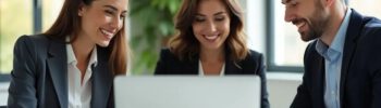 Drei Business-Professionals – zwei Frauen und ein Mann – arbeiten gemeinsam an einem Laptop in einem modernen Büro.