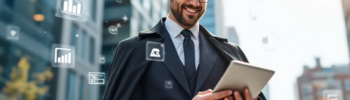 Business-Detektiv analysiert Unternehmensdaten auf einem Tablet, um eine Firmenauskunft einzuholen. Digitale Symbole schweben um ihn herum, während er konzentriert in einer modernen Stadtumgebung arbeitet.