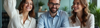 Drei Geschäftsleute in einem modernen Büro freuen sich über positive Geschäftsergebnisse, während sie gemeinsam Dokumente überprüfen.