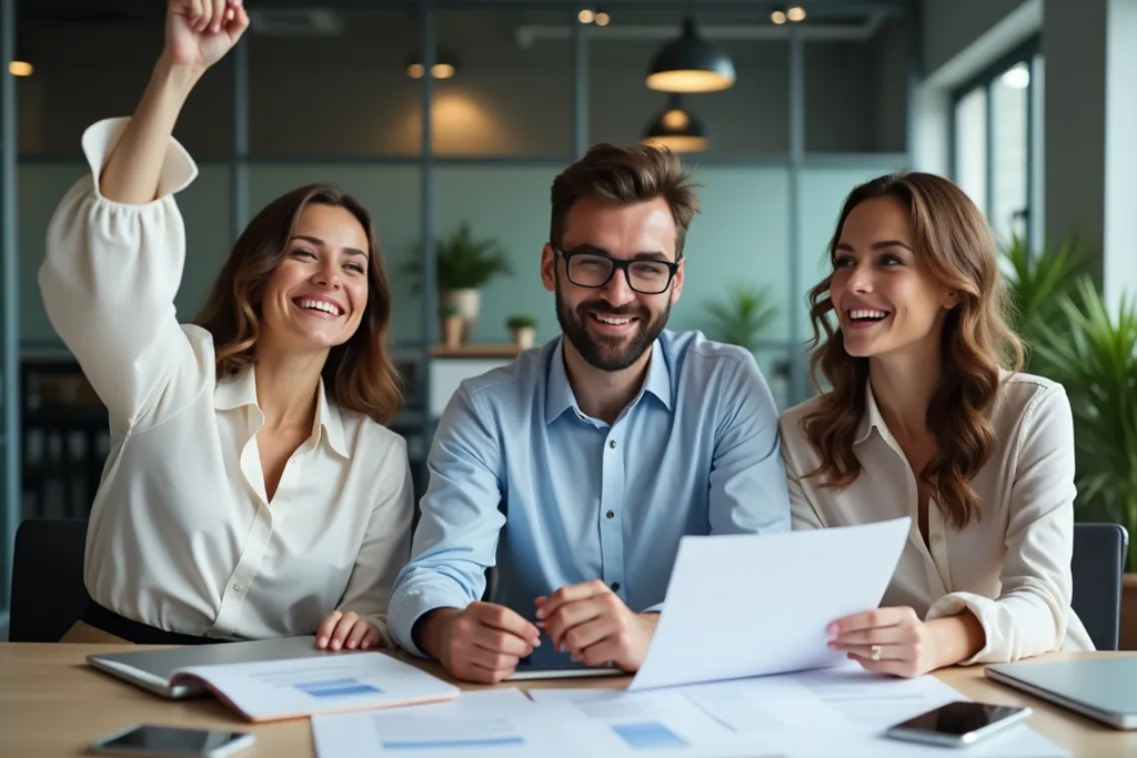 Drei Geschäftsleute in einem modernen Büro freuen sich über positive Geschäftsergebnisse, während sie gemeinsam Dokumente überprüfen.