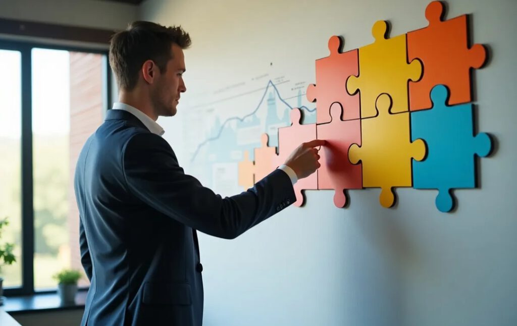 Junger Geschäftsmann setzt das letzte Puzzleteil an einer Wand ein, umgeben von Zahlen und Diagrammen. Symbol für Datenaktualisierung und Erfolg.