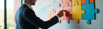 Junger Geschäftsmann setzt das letzte Puzzleteil an einer Wand ein, umgeben von Zahlen und Diagrammen. Symbol für Datenaktualisierung und Erfolg.