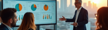 Finanzexperte präsentiert Bonitätsanalysen und Rating-Diagramme vor Business-Team bei Sonnenuntergang