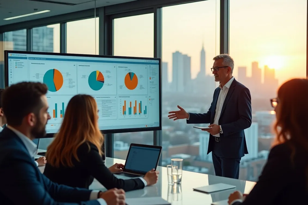 Finanzexperte präsentiert Bonitätsanalysen und Rating-Diagramme vor Business-Team bei Sonnenuntergang