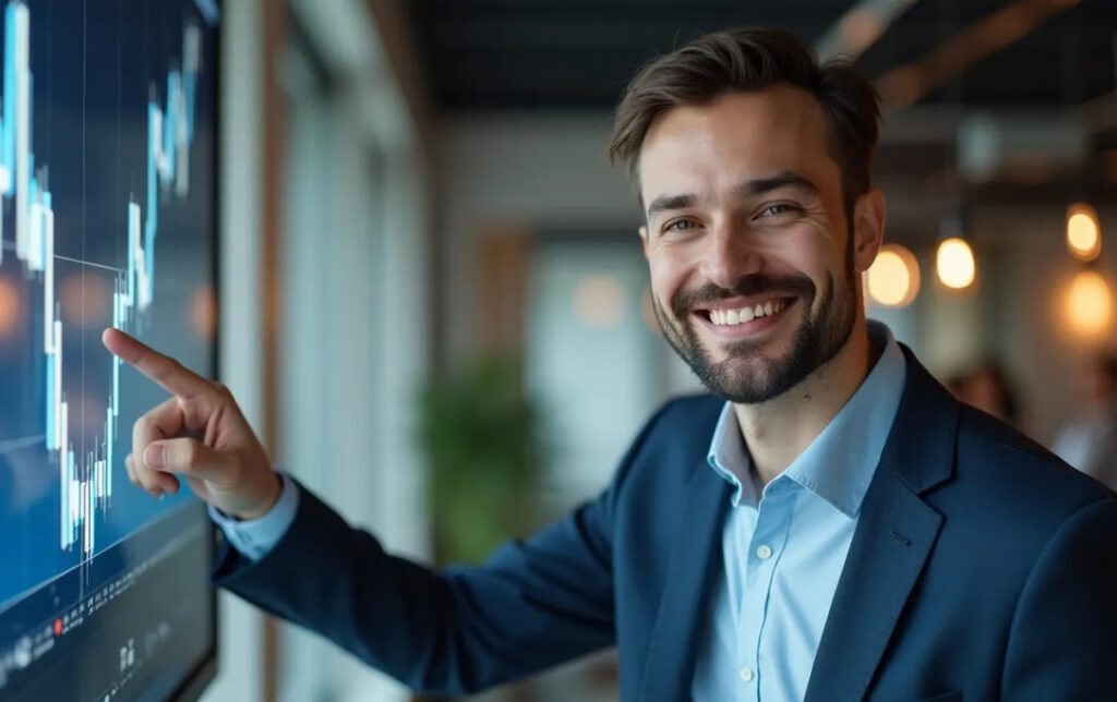 Geschäftsmann zeigt auf aufsteigendes Finanzdiagramm auf einem digitalen Bildschirm in moderner Büroumgebung