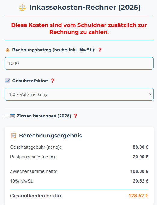 Inkassokosten Rechner 2026 für RVG-Gebühren, Verzugszinsen und Mahnkosten
