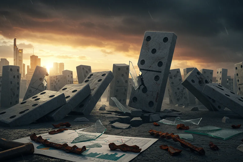Symbolische Darstellung der Insolvenzentwicklung in Deutschland: Umfallende Dominosteine aus Beton vor einer düsteren Skyline, umgeben von zerbrochenem Glas und Wirtschaftsdokumenten. Im Hintergrund bricht die Sonne durch die dunklen Wolken – Hoffnung auf eine wirtschaftliche Erholung