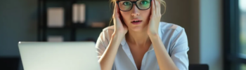 Gestresste Buchhalterin mit Brille hält sich die Hände an den Kopf und schaut besorgt auf ihren Laptop. Neben ihr liegen Stapel unbezahlter Rechnungen. Das Bild symbolisiert finanzielle Unsicherheit und das Problem offener Forderungen