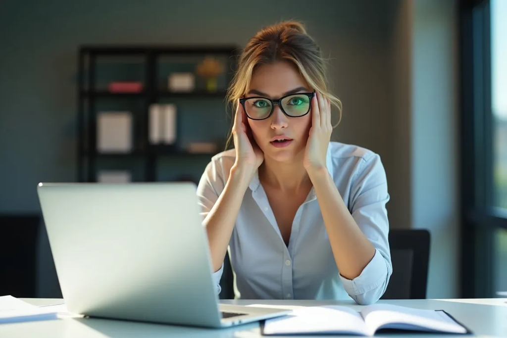 Gestresste Buchhalterin mit Brille hält sich die Hände an den Kopf und schaut besorgt auf ihren Laptop. Neben ihr liegen Stapel unbezahlter Rechnungen. Das Bild symbolisiert finanzielle Unsicherheit und das Problem offener Forderungen