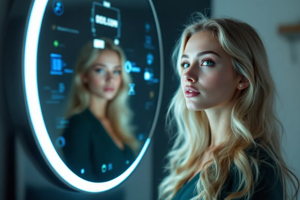 Junge blonde Frau betrachtet nachdenklich ihr digitales Bonitätsprofil in einem futuristischen Spiegel mit holografischer Anzeige