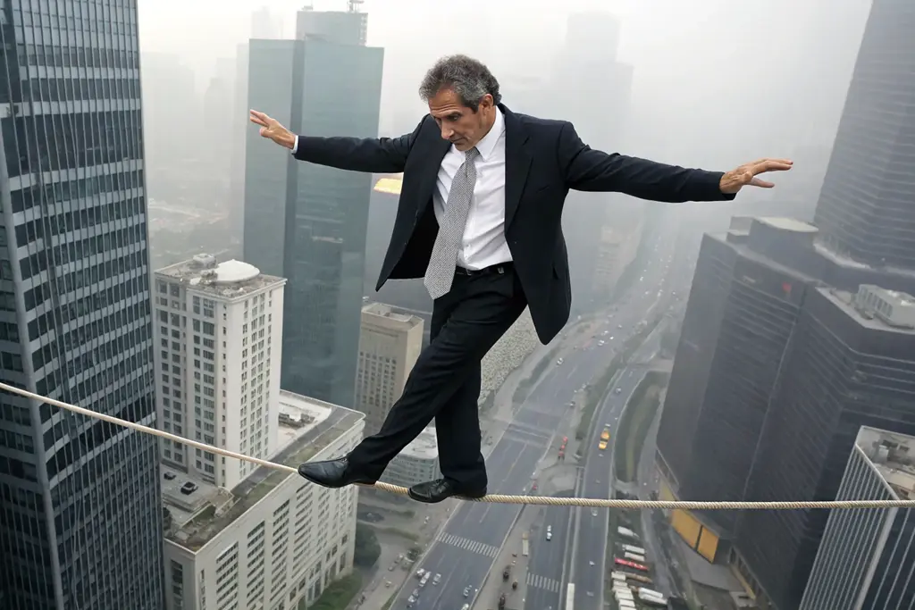 Geschäftsmann in einem Anzug balanciert auf einem Seil zwischen Wolkenkratzern, symbolisiert das wirtschaftliche Risiko und die Bedeutung der Bonität einer GmbH