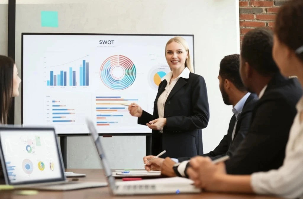 Geschäftspräsentation zu Einkaufsstrategien mit SWOT-Analyse und Marktkennzahlen.