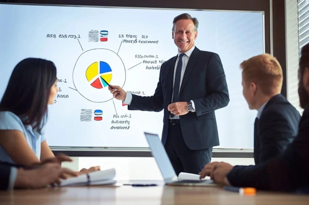 Finanzexperte präsentiert eine detaillierte Analyse mit Diagrammen und Datenvisualisierung
