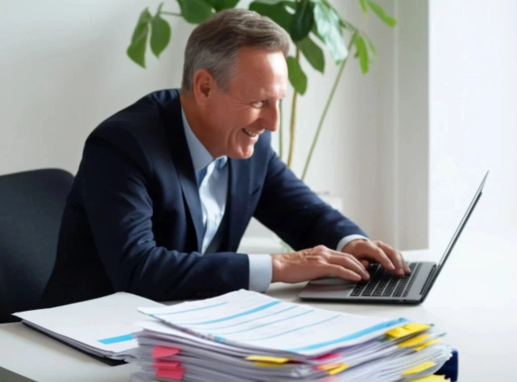 Finanzmanager überprüft Dokumente und analysiert Finanzdaten auf dem Laptop.