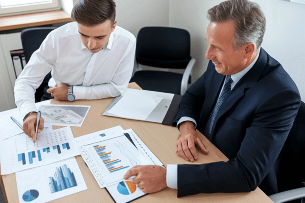 Zwei Geschäftsleute unterzeichnen ein wichtiges Finanzdokument in einem professionellen Umfeld.