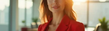 Junge, attraktive Geschäftsfrau im roten Business-Outfit steht selbstbewusst in einem modernen Büro und symbolisiert erfolgreiche Erfahrungen im Umgang mit Creditreform.