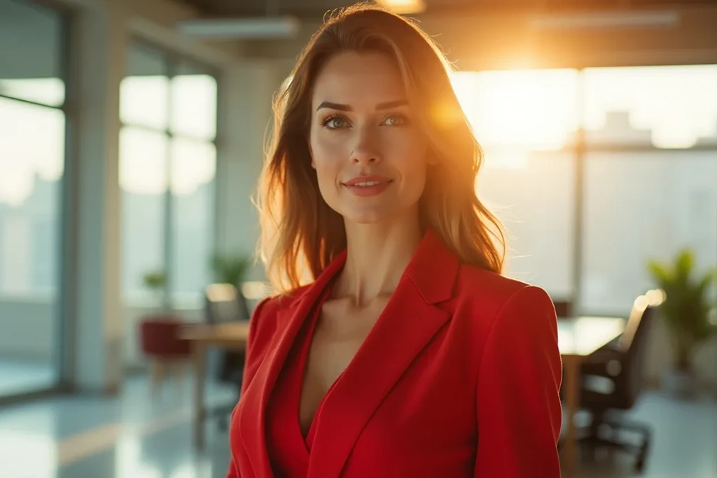 Junge, attraktive Geschäftsfrau im roten Business-Outfit steht selbstbewusst in einem modernen Büro und symbolisiert erfolgreiche Erfahrungen im Umgang mit Creditreform.