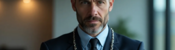 Ein Geschäftsmann in Businesskleidung mit ernstem Gesichtsausdruck trägt eine schwere Eisenkette um den Hals. Die Kette symbolisiert die Last unbezahlter Rechnungen und finanziellen Druck.