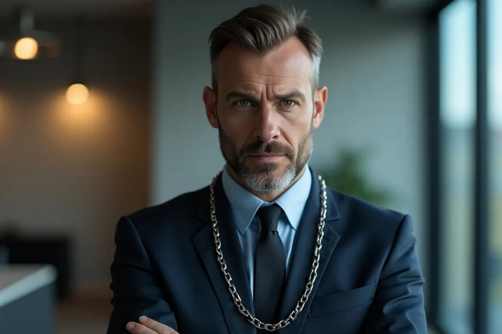 Ein Geschäftsmann in Businesskleidung mit ernstem Gesichtsausdruck trägt eine schwere Eisenkette um den Hals. Die Kette symbolisiert die Last unbezahlter Rechnungen und finanziellen Druck.