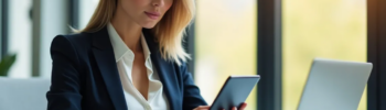 Professionelle Geschäftsfrau in modernem Büro hält ein Tablet und analysiert eine Bonitätsbewertung. Sie wirkt optimistisch und konzentriert. Im Hintergrund sind ein Laptop und eine Kaffeetasse sichtbar.