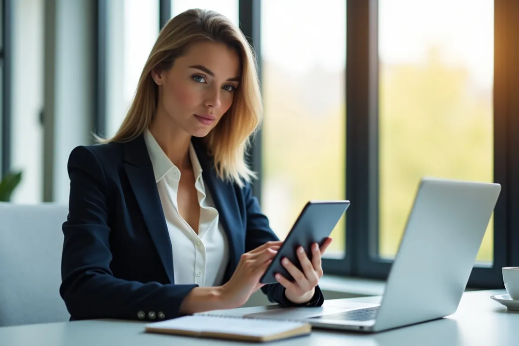 Professionelle Geschäftsfrau in modernem Büro hält ein Tablet und analysiert eine Bonitätsbewertung. Sie wirkt optimistisch und konzentriert. Im Hintergrund sind ein Laptop und eine Kaffeetasse sichtbar.