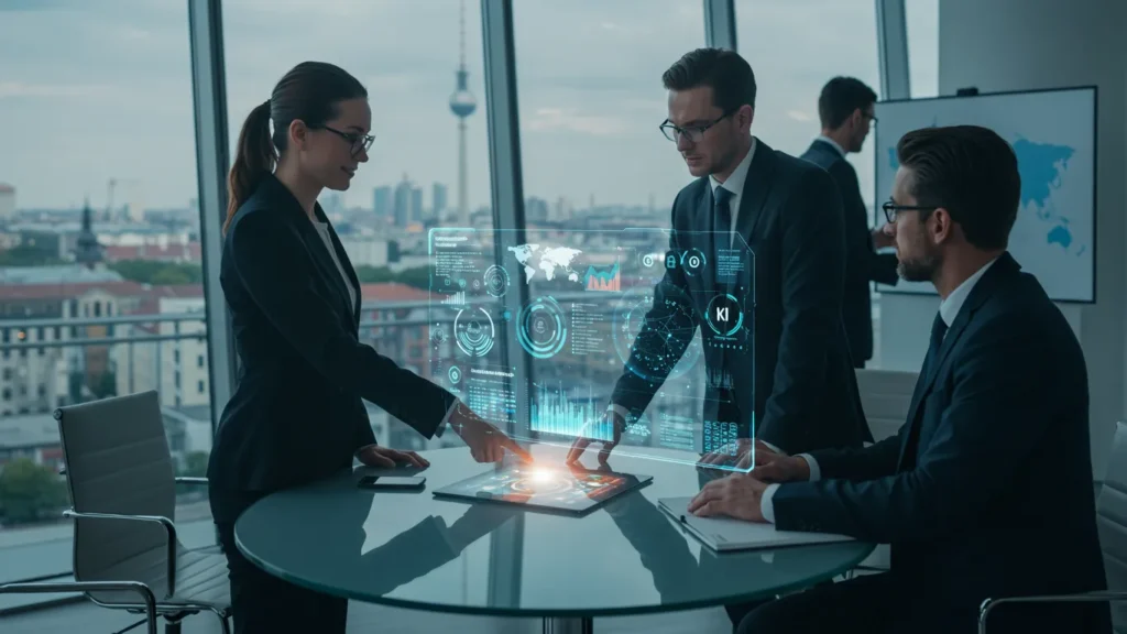 Drei Business-Profis interagieren in einem modernen Konferenzraum mit einer holografischen Benutzeroberfläche vor der Skyline von Berlin – symbolisiert durch den Fernsehturm im Hintergrund.