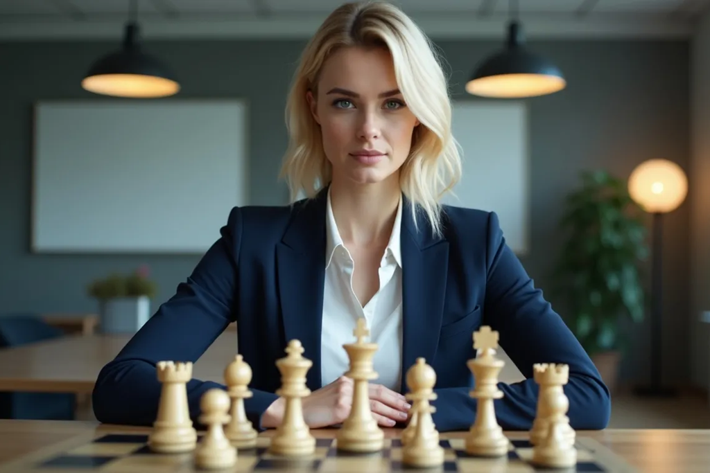 Business-Frau in einem modernen Büro, die eine strategische Schachfigur setzt. Symbol für kluge Entscheidungen und strategisches Denken in der Geschäftswel
