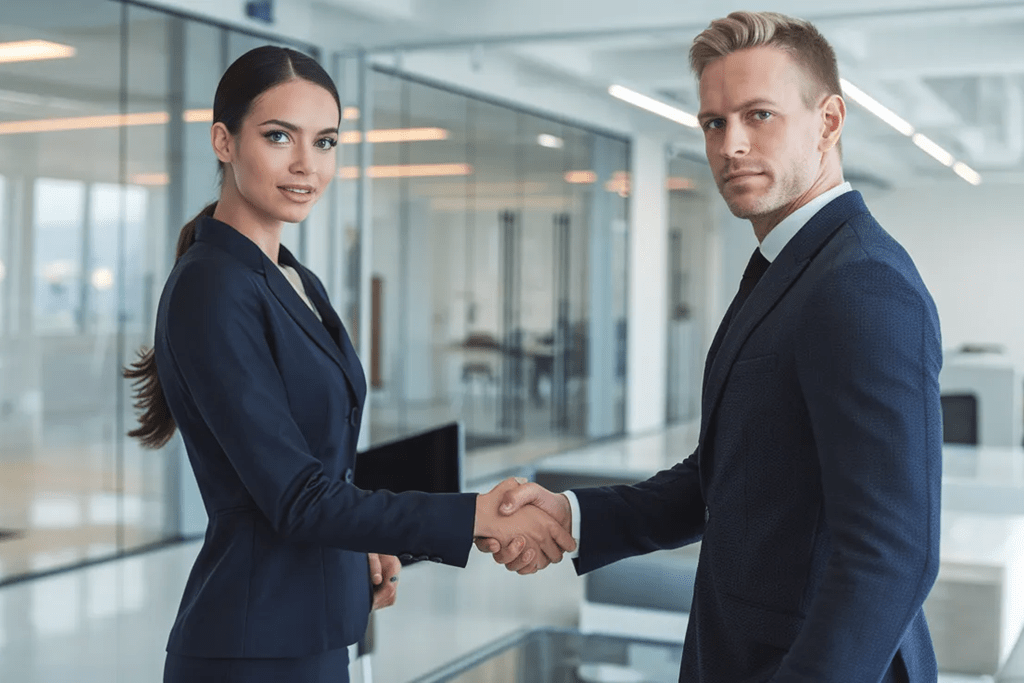 Zwei Geschäftsleute in formeller Kleidung geben sich in einem modernen, hellen Büro die Hand. Symbol für Vertrauen, Geschäftsabschlüsse und finanzielle Sicherheit