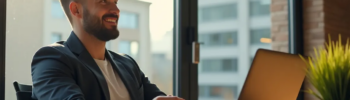 Junger Unternehmer mit Bart und modernem Haarschnitt sitzt entspannt in einem lichtdurchfluteten Loft-Büro. Er lächelt, hält eine Kaffeetasse in der Hand und arbeitet am Laptop. Sonnenlicht fällt durch große Fenster, auf dem Schreibtisch liegen Notizen und eine grüne Pflanze.