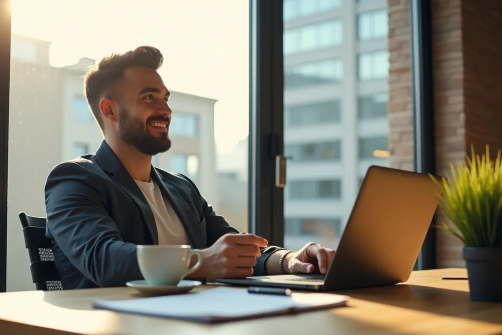 Junger Unternehmer mit Bart und modernem Haarschnitt sitzt entspannt in einem lichtdurchfluteten Loft-Büro. Er lächelt, hält eine Kaffeetasse in der Hand und arbeitet am Laptop. Sonnenlicht fällt durch große Fenster, auf dem Schreibtisch liegen Notizen und eine grüne Pflanze.