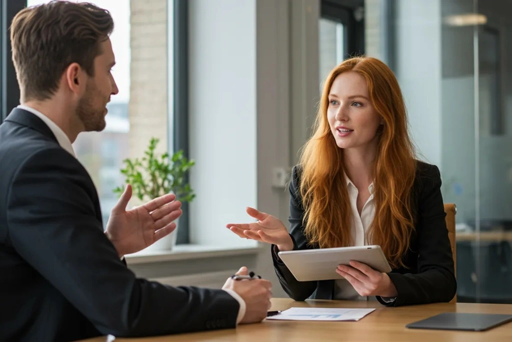 Geschäftsfrau mit roten Haaren in einem modernen Büro, die mit einem Kollegen über ein Tablet eine geschäftliche Entscheidung diskutiert. Professionelle Business-Atmosphäre mit natürlichem Licht und Glaswänden im Hintergrund.