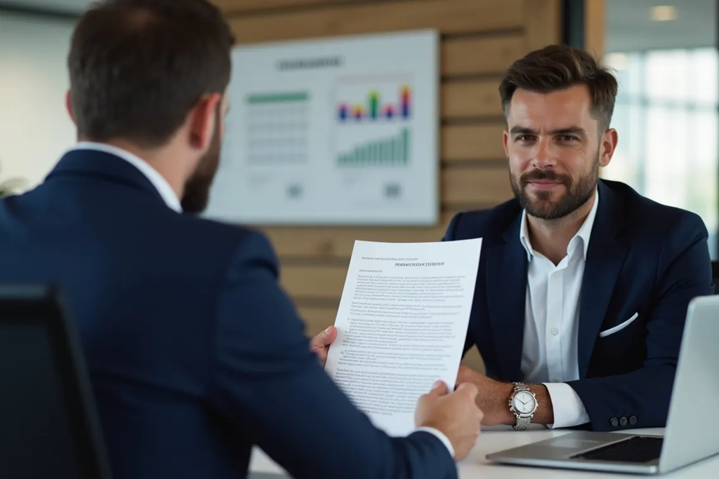 Zwei Geschäftsleute in einem modernen Büro bei einer Vertragsverhandlung. Ein Unternehmer präsentiert selbstbewusst ein Dokument, während sein Gegenüber prüfend darauf blickt. Im Hintergrund sind Finanzdiagramme sichtbar.