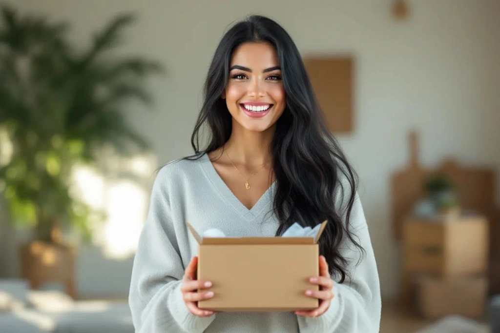 Glückliche junge Frau mit langen schwarzen Haaren hält Paket in heller Wohnung – Freude beim Online-Shopping.