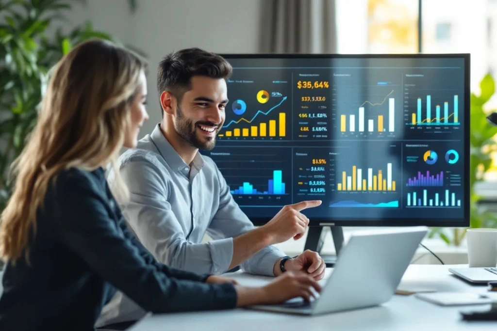 Junge Geschäftsfrau und junger Geschäftsmann analysieren gemeinsam Finanzkennzahlen auf einem großen Bildschirm in modernem Büro.