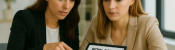 Zwei Geschäftsfrauen analysieren einen Boni-Score von 100 auf einem Tablet im Büro – Symbol für vertrauensvolle Bonitätsprüfung.