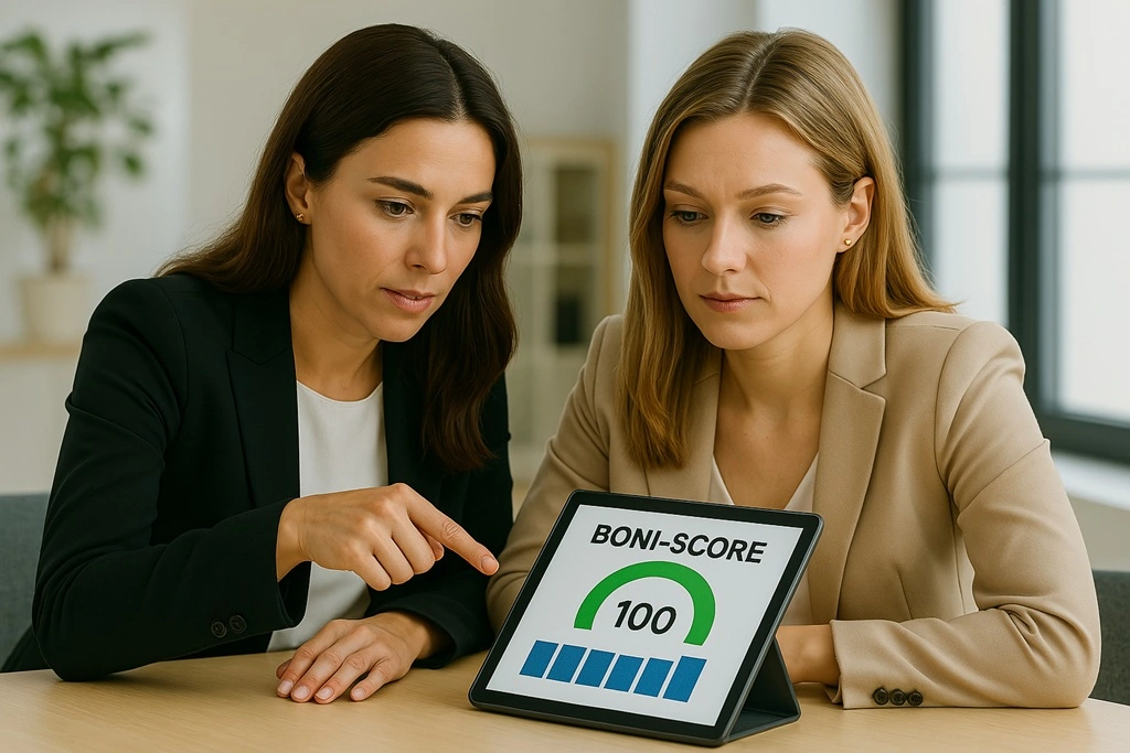 Zwei Geschäftsfrauen analysieren einen Boni-Score von 100 auf einem Tablet im Büro – Symbol für vertrauensvolle Bonitätsprüfung.