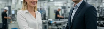 Zwei Geschäftspersonen – eine junge Fabrikleiterin und ein Geschäftspartner – schütteln sich in einer modernen Produktionshalle die Hand und lächeln einander an.