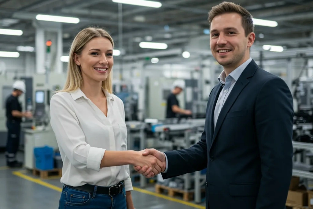 Zwei Geschäftspersonen – eine junge Fabrikleiterin und ein Geschäftspartner – schütteln sich in einer modernen Produktionshalle die Hand und lächeln einander an.