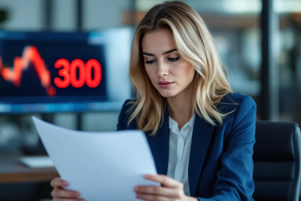 Frau im Business-Outfit prüft besorgt Finanzdokumente, im Hintergrund ein Bildschirm mit fallendem Unternehmenskurs und dem Wert 300, symbolisch für den Creditreform Bonitätsindex 300.
