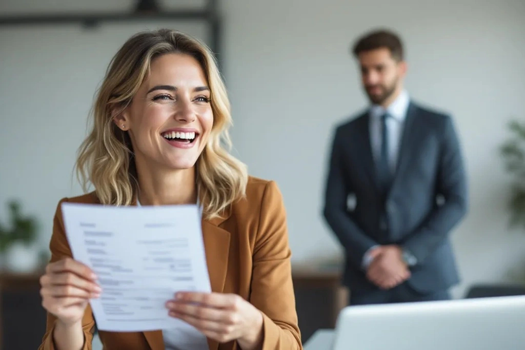 Erfolgreiche Unternehmerin mit bezahlter Rechnung dank Creditreform Inkassoauftrag im modernen Büro