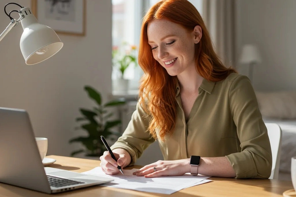Junge Frau arbeitet konzentriert am Schreibtisch, prüft ihre Finanzen und optimiert ihre Kreditwürdigkeit.